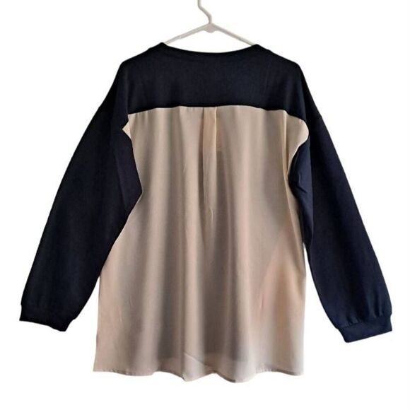 Very J Two Tone Long Sleeve Blouse Navy Ivory Medium - Picture 4 of 9